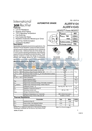 AUIRF4104STRL datasheet - HEXFET^ Power MOSFET