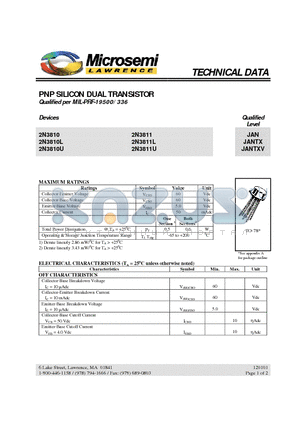 2N3810U datasheet - PNP SILICON DUAL TRANSISTOR