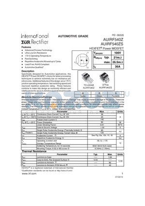 AUIRF540ZS datasheet - HEXFET^ Power MOSFET