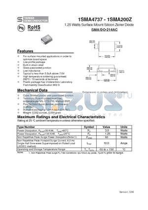 1SMA4746 datasheet - 1.25 Watts Surface Mount Silicon Zener Diode