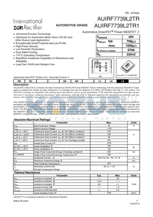 AUIRF7739L2TR datasheet - Automotive DirectFET Power MOSFET