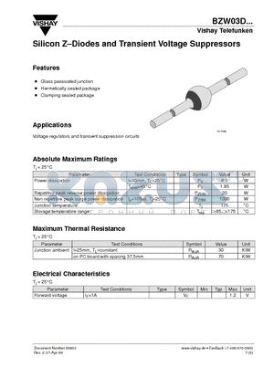 BZW03D27 datasheet - Silicon Z-Diodes and Transient Voltage Suppressors