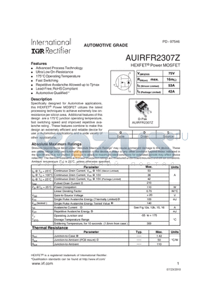 AUIRFR2307ZTRL datasheet - HEXFET^ Power MOSFET