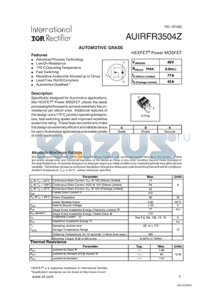 AUIRFR3504Z datasheet - HEXFET^ Power MOSFET