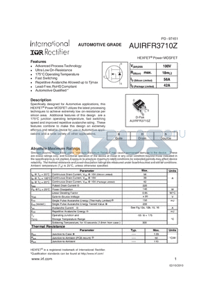 AUIRFR3710Z datasheet - HEXFET^ Power MOSFET