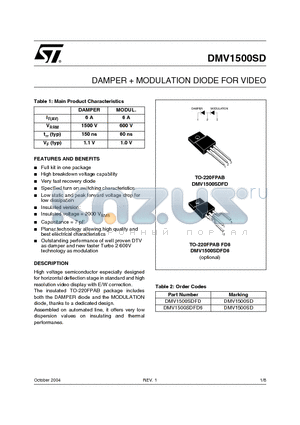 DMV1500SDFD6 datasheet - DAMPER  MODULATION DIODE FOR VIDEO