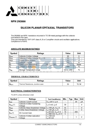 2N3866 datasheet - SILICON PLANAR EPITAXIAL TRANSISTORS