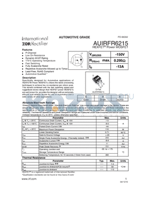 AUIRFR6215 datasheet - HEXFET^ Power MOSFET