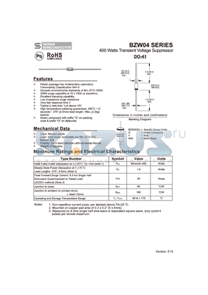 BZW04-10 datasheet - 400 Watts Transient Voltage Suppressor