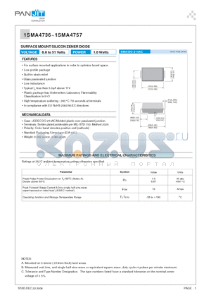 1SMA4751 datasheet - SURFACE MOUNT SILICON ZENER DIODE