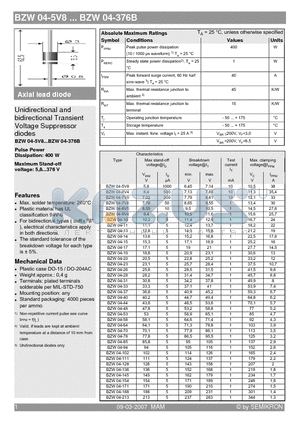 BZW04-11 datasheet - Unidirectional and bidirectional Transient Voltage Suppressor diodes