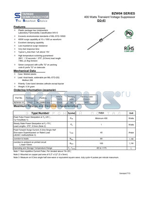BZW04-11 datasheet - 400 Watts Transient Voltage Suppressor