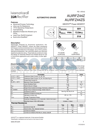 AUIRFZ44ZSTRR datasheet - HEXFET^ Power MOSFET