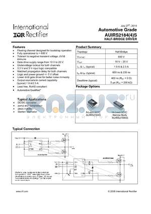 AUIRS2184S datasheet - HALF-BRIDGE DRIVER