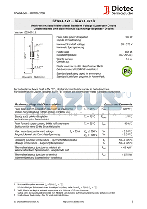 BZW04-128 datasheet - Unidirectional and bidirectional Transient Voltage Suppressor Diodes