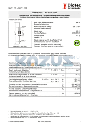 BZW04-14 datasheet - Unidirectional and bidirectional Transient Voltage Suppressor Diodes