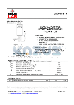 2N3904-T18 datasheet - GENERAL PURPOSE