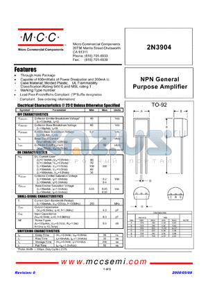 2N3904-BP datasheet - NPN General Purpose Amplifier