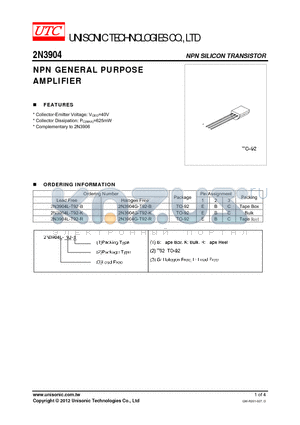 2N3904L-T92-B datasheet - NPN GENERAL PURPOSE AMPLIFIER