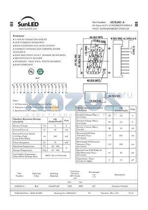 AUR20C-A datasheet - 20.32mm (0.8) 16 SEGMENT SINGLE DIGIT ALPHANUMERIC DISPLAY