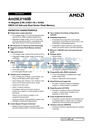 AM29LV160BB datasheet - 16 Megabit (2 M x 8-Bit/1 M x 16-Bit) CMOS 3.0 Volt-only Boot Sector Flash Memory