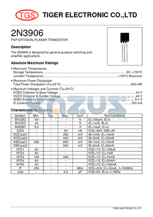 2N3906 datasheet - PNP EPITAXIAL PLANAR TRANSISTOR