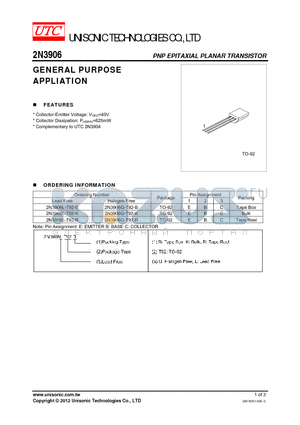2N3906G-T92-B datasheet - GENERAL PURPOSE APPLIATION