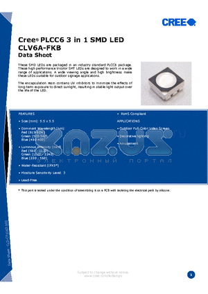 CCCCC-DXG-XHHJJKKLLMMNNT3 datasheet - Cree^ PLCC6 3 in 1 SMD LED