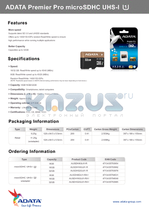 AUSDH8GUI1-R datasheet - ADATA Premier Pro microSDHC UHS-I