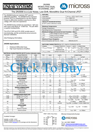 2N3956_PDIP datasheet - a Low Noise, Low Drift, Monolithic Dual N-Channel JFET