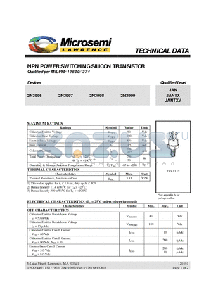 2N3996 datasheet - NPN POWER SWITCHING SILICON TRANSISTOR