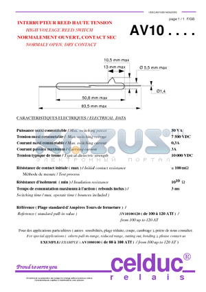 AV10100120 datasheet - HIGH VOLTAGE REED SWITCH NORMALY OPEN, DRY CONTACT