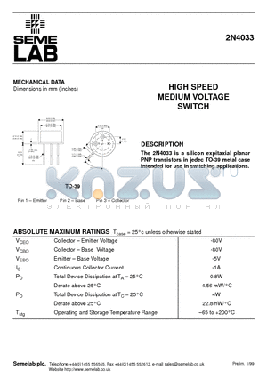 2N4033 datasheet - HIGH SPEED MEDIUM VOLTAGE SWITCH