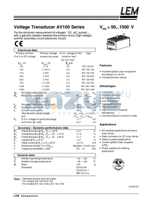 AV100-1000 datasheet - Voltage Transducer AV 100 Series