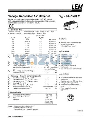 AV100-150 datasheet - Voltage Transducer AV 100 Series