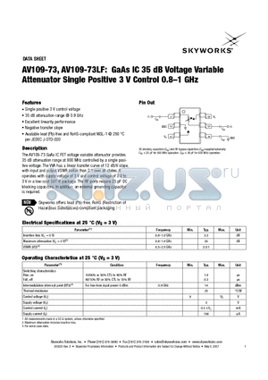 AV109-73 datasheet - GaAs IC 35 dB Voltage Variable Attenuator Single Positive 3 V Control 0.8-1 GHz