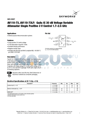AV11073 datasheet - GaAs IC 30 dB Voltage Variable Attenuator Single Positive 3 V Control 1.7-2.5 GHz