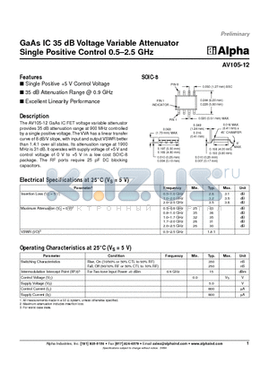 AV105-12 datasheet - GaAs IC 35 dB Voltage Variable Attenuator Single Positive Control 0.5-2.5 GHz