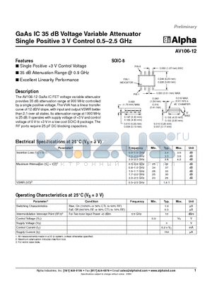 AV106-12 datasheet - GaAs IC 35 dB Voltage Variable Attenuator Single Positive 3 V Control 0.5-2.5 GHz