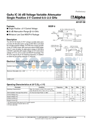 AV107-59 datasheet - GaAs IC 35 dB Voltage Variable Attenuator Single Positive 3 V Control 0.5-2.5 GHz