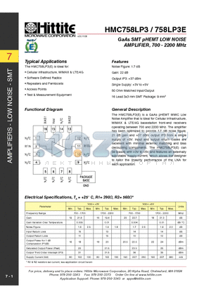 758LP3E datasheet - GaAs SMT pHEMT LOW NOISE AMPLIFIER, 700 - 2200 MHz