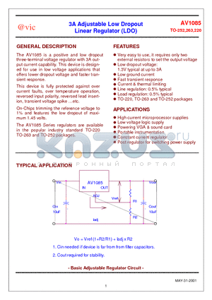 AV1085 datasheet - 3A Adjustable Low Dropout Linear Regulator (LDO)