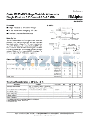 AV108-59 datasheet - GaAs IC 35 dB Voltage Variable Attenuator Single Positive 3 V Control 0.5-2.5 GHz