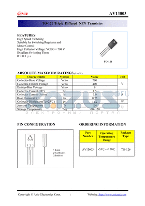 AV13003 datasheet - TO-126 Triple Diffused NPN Transistor