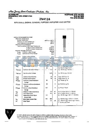 2N4124 datasheet - NPN SMALL SIGNAL GENERAL PURPOSE AMPLIFIER AND SWITCH