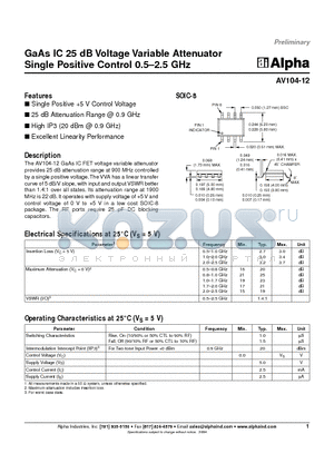 AV104-12 datasheet - GaAs IC 25 dB Voltage Variable Attenuator Single Positive Control 0.5-2.5 GHz