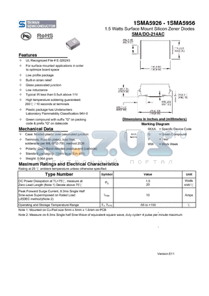 1SMA5928 datasheet - 1.5 Watts Surface Mount Silicon Zener Diodes