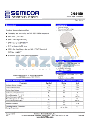 2N4150 datasheet - Silicon NPN Transistor