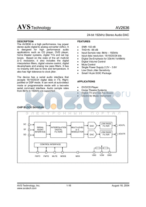 AV2636 datasheet - 24-bit 192kHz Stereo Audio DAC