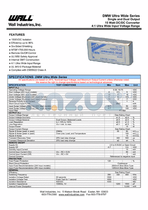 DMW48D15-500 datasheet - Single and Dual Output 15 Watt DC/DC Converter 4:1 Ultra Wide Input Voltage Range